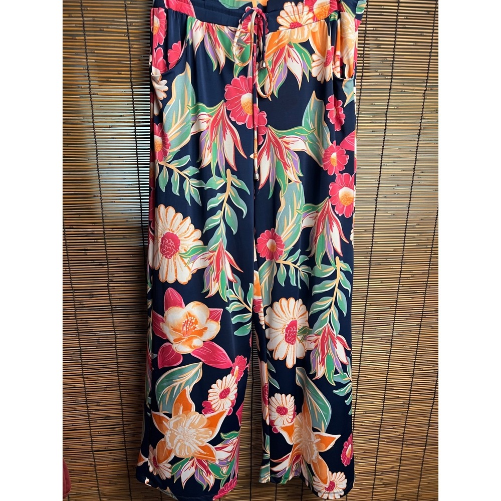 Floral Wide Leg Pants Navy Blue Tropical Drawstring Pockets Large